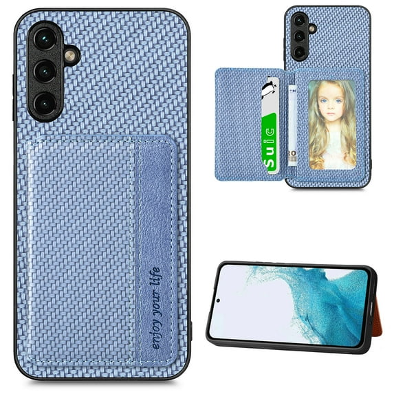 SaniMore for Samsung Galaxuy A15 Case, PU Leather Carbon Fibre Pattern, Flip Wallet Card Slots RFID Blocking Magnetic Car Mount Shockproof Anti-fall Protective Shell, Blue