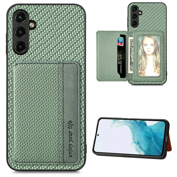 SaniMore for Samsung Galaxuy A15 Case, PU Leather Carbon Fibre Pattern, Flip Wallet Card Slots RFID Blocking Magnetic Car Mount Shockproof Anti-fall Protective Shell, Green