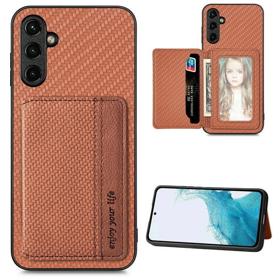 SaniMore for Samsung Galaxuy A54 5G (6.4" 2023) Case, PU Leather Carbon Fibre Pattern, Flip Wallet Card Slots RFID Blocking Magnetic Car Mount Shockproof Anti-fall Protective Shell, Brown