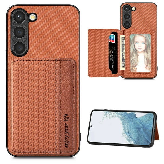 SaniMore for Samsung Galaxuy S23 FE Case, PU Leather Carbon Fibre Pattern, Flip Wallet Card Slots RFID Blocking Magnetic Car Mount Shockproof Anti-fall Protective Shell, Brown