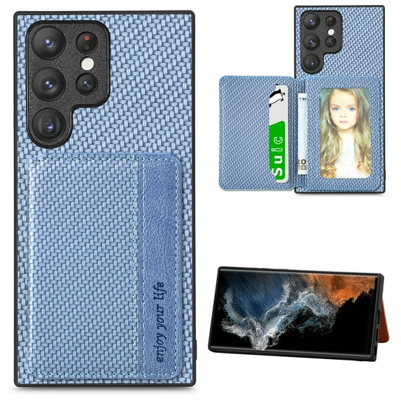 SaniMore for Samsung Galaxuy S23 Ultra (6.8" 2023) Case, PU Leather Carbon Fibre Pattern, Flip Wallet Card Slots RFID Blocking Magnetic Car Mount Shockproof Anti-fall Protective Shell, Blue