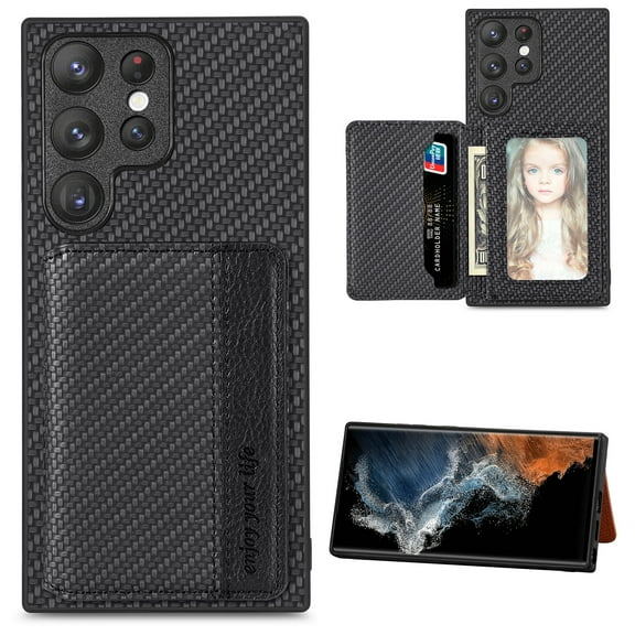 SaniMore for Samsung Galaxuy S23 Ultra (6.8" 2023) Case, PU Leather Carbon Fibre Pattern, Flip Wallet Card Slots RFID Blocking Magnetic Car Mount Shockproof Anti-fall Protective Shell, Black