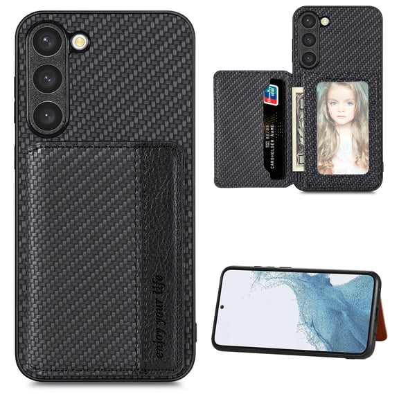 SaniMore for Samsung Galaxuy S24 Plus (6.7" 2024) Case, PU Leather Carbon Fibre Pattern, Flip Wallet Card Slots RFID Blocking Magnetic Car Mount Shockproof Anti-fall Protective Shell, Black