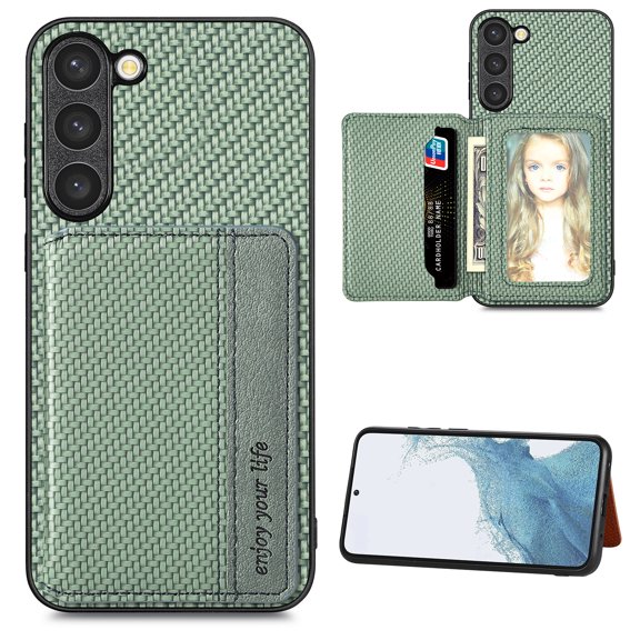 SaniMore for Samsung Galaxuy S24 Plus (6.7" 2024) Case, PU Leather Carbon Fibre Pattern, Flip Wallet Card Slots RFID Blocking Magnetic Car Mount Shockproof Anti-fall Protective Shell, Green