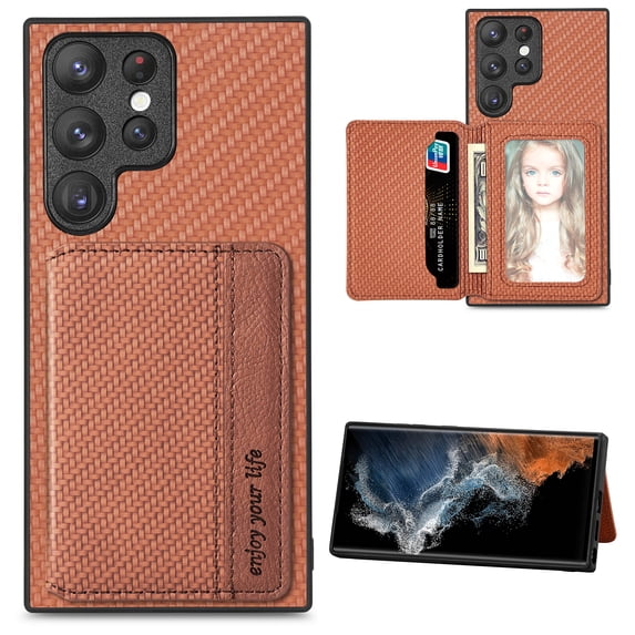 SaniMore for Samsung Galaxuy S24 Ultra (6.8" 2024) Case, PU Leather Carbon Fibre Pattern, Flip Wallet Card Slots RFID Blocking Magnetic Car Mount Shockproof Anti-fall Protective Shell, Brown