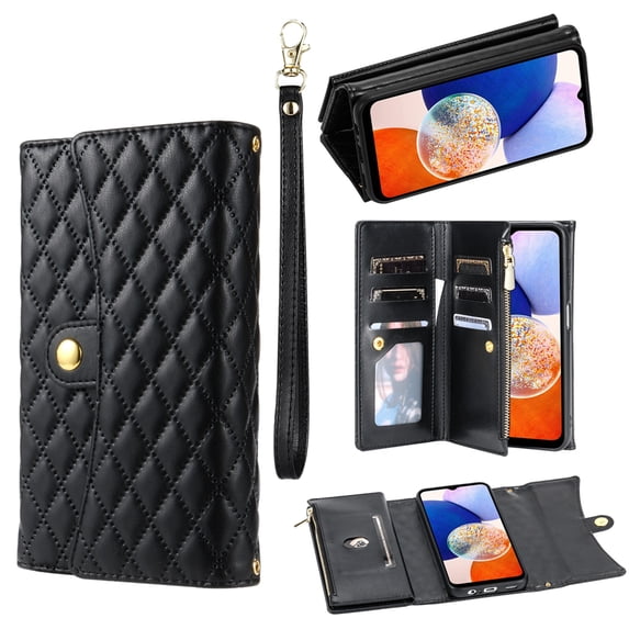 SaniMore for Samsung Galaxy A05 Wallet Case, PU Leather Wrist Shoulder Strap Flip Stand Card Slots RFID Blocking Zipper Purse Shockproof Anti-fall TPU Inner Shell Flip Folio Protective Cover, Black