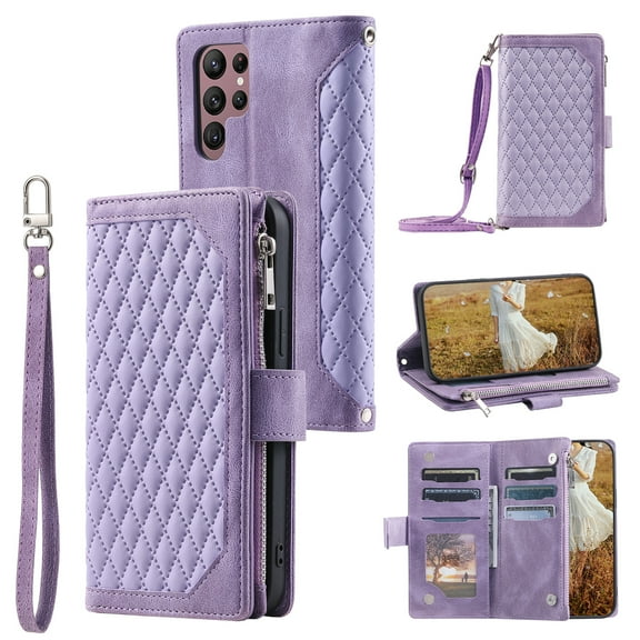 SaniMore for Samsung Galaxy A05 Wallet Case, Wrist/Crossbody Lanyard, 3D Lattice PU Leather Kickstand Zipper Purse Card Slots Magnetic Clasp Shockproof TPU Shell Anti-drop, Purple
