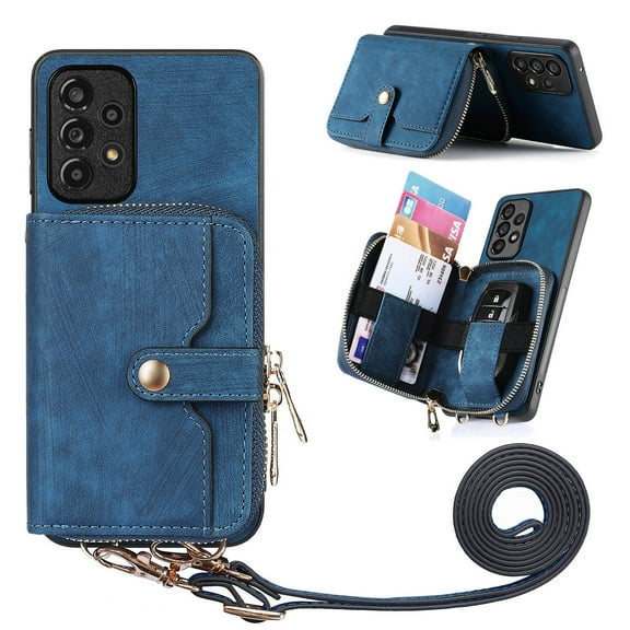 SaniMore for Samsung Galaxy A05S Case,Wear-resistant PU Leather Skin + Zipper Purse Card Slots Removeable Crossbody Lanyard Stand Shell Shockproof Anti-scratch Drop-resistant, PinkBlue