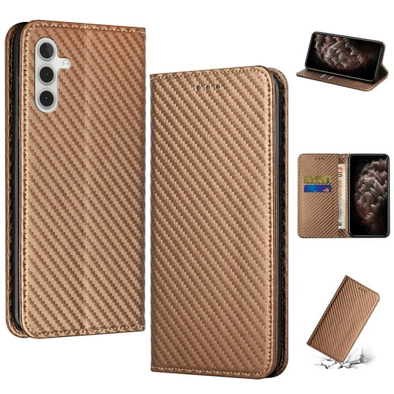 SaniMore for Samsung Galaxy A05S Wallet Case, Wrist Strap Magnetic Clasp, Card Slots Carbon Fibre Skin Shockproof TPU Anti-drop Anti-scractch Stand Business Full Body Protective Shell, Brown