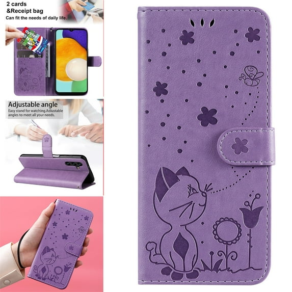 SaniMore for Samsung Galaxy A13 5G 6.5" 2021 Case, PU Leather Skin with Embossed Cat Flip Magnetic Cover Card Slots Kickstand Detachable Lanyard Full Around Wallet Case for Galaxy A13 5G, Purple