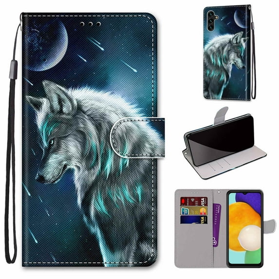 SaniMore for Samsung Galaxy A13 5G 6.5" 2021 PU Leather Case with Card Slots Detchable Lanyard Color Painting Luxury Pattern Flip Kickstand Shcokproof Wallet Case For Galaxy A13 5G, Wolf