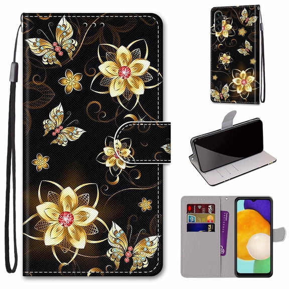 SaniMore for Samsung Galaxy A13 5G 6.5" 2021 PU Leather Case with Card Slots Detchable Lanyard Color Painting Luxury Pattern Flip Kickstand Shcokproof Wallet Case For Galaxy A13 5G, Gold Butterfly
