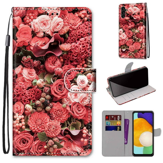 SaniMore for Samsung Galaxy A13 5G 6.5" 2021 PU Leather Case with Card Slots Detchable Lanyard Color Painting Luxury Pattern Flip Kickstand Shcokproof Wallet Case For Galaxy A13 5G, Rose Garden
