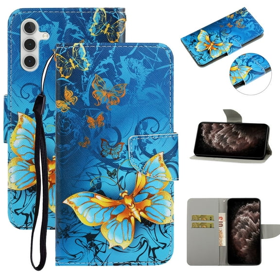 SaniMore for Samsung Galaxy A13 5G 6.5" 2021 Wallet Case, Color Painting Pattern with Kickstand Card Slots Detachable Wrist Strap Grils Women PU Leather Case Magnetic Clasp, Gold Butterfly