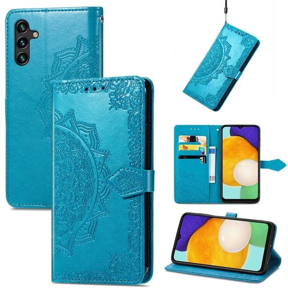 SaniMore for Samsung Galaxy A13 5G 6.5" 2021 Wallet Case with Embossed Mandala PU Leather Flip Protection Wrist Strap Credit Card Holder Pocket Kickstand Shockproof Case for Galaxy A13 5G, Blue