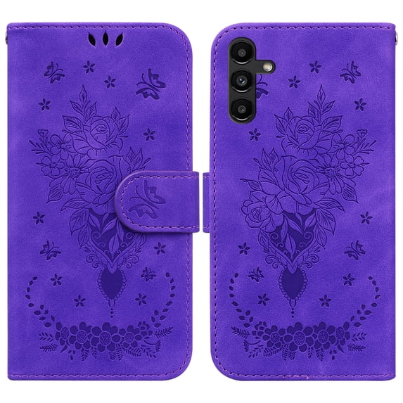 SaniMore for Samsung Galaxy A13 5G PU Leather Case, Magnetic Closure Flip Wallet Embossed Cover with Wrist Strap Card Slot & Multi-Angle Kickstand Shockproof Protective Shell, Purple
