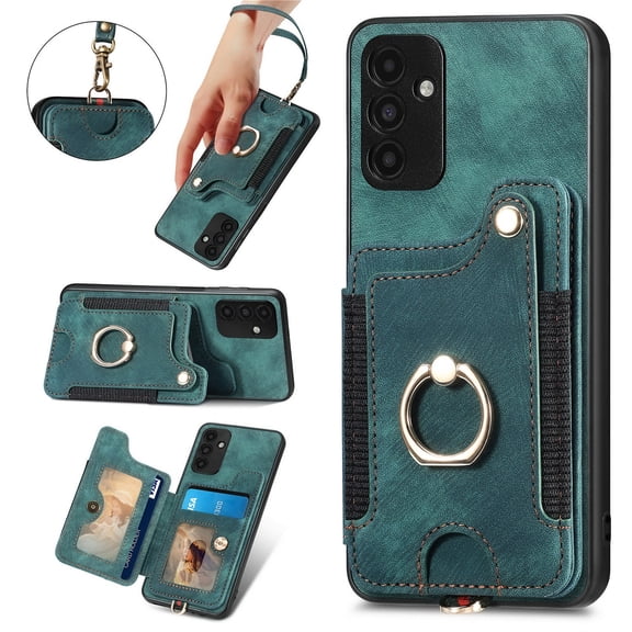 SaniMore for Samsung Galaxy A13 5G Wallet Case, [RFID Blocking] Elastic Card Slot Vehicle Magnetic PU Leather Ring Holder & Lanyard Stand Money Pocket Cover for Samsung A13 5G, Green
