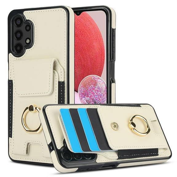 SaniMore for Samsung Galaxy A13 Case with Metal Rotating Ring Kickstand RFID Blocking Card Slots PU Leather Anti-scractch Wear-resitant Shockproof Wallet Cover for Samsung A13, Apricot