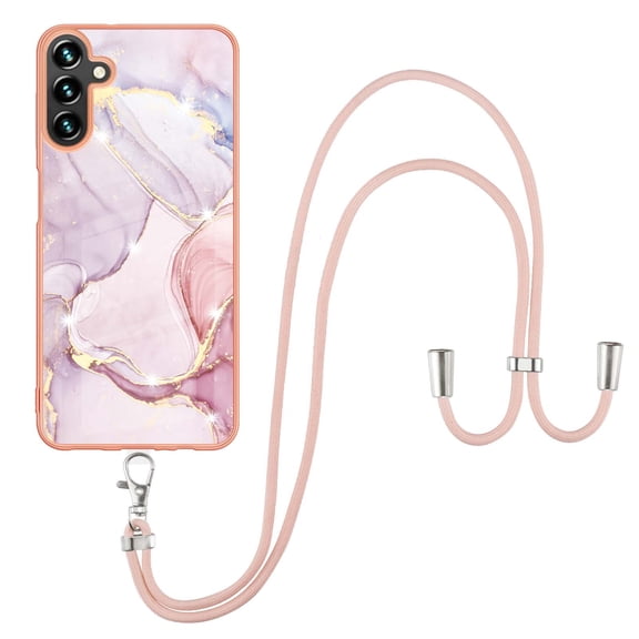 SaniMore for Samsung Galaxy A14 5G 6.6" 2023 Case with Detachable Crossbody Lanyard Shockproof TPU Backplane Marble Pattern Luxury Fashion Anti-drop Slim Lightweight Cover, Rosegold
