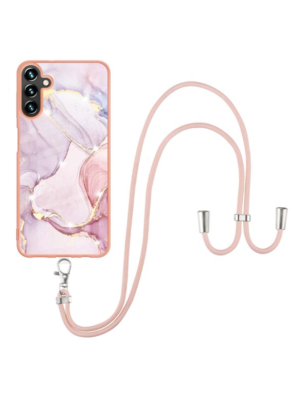 for Samsung Galaxy A14 5G 6.6" 2023 Case with Detachable Crossbody Lanyard Shockproof TPU Backplane Marble Pattern Luxury Fashion Anti-drop Slim Lightweight Cover, Rosegold
