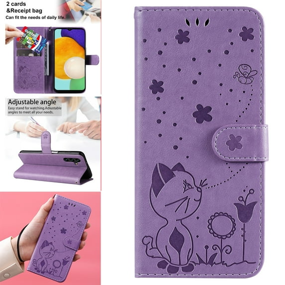 SaniMore for Samsung Galaxy A14 5G 6.6" 2023 Case, PU Leather Skin with Embossed Cat Flip Magnetic Cover Card Slots Kickstand Detachable Lanyard Full Around Wallet Case for Galaxy A14 5G, Purple