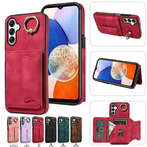 SaniMore for Samsung Galaxy A14 5G (6.6" 2023) Case, PU Leather Skin Shockproof Bumper Flip Purse RFID Blocking Metal Ring Stand Shell, Card Holder Cash Pocket Anti-drop Cover For Galaxy A14 5G, Red