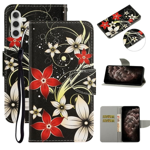 SaniMore for Samsung Galaxy A14 5G 6.6" 2023 Wallet Case, Color Painting Pattern with Kickstand Card Slots Detachable Wrist Strap Girls Women PU Leather Case Magnetic Clasp, Red Flowers