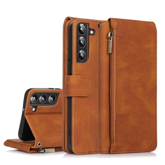 SaniMore Samsung Galaxy A14 5G Case (6.6" 2023) with Zipper Wallet & Wrist Strap & Magnetic Closure Card Slots Kickstand Slim Full-around Protective Business Cover For Samsung Galaxy A14 5G, Brown