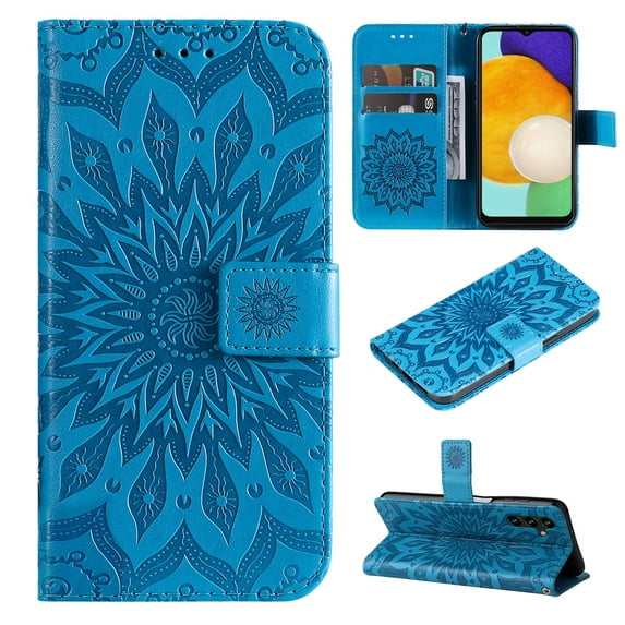 SaniMore for Samsung Galaxy A14 5G Case with Card Holder, Embossed Magnetic Wallet Soft TPU + PU Leather Cover with Practical Bracket + Detachable Hand Strap Shockproof Protective Shell, Blue