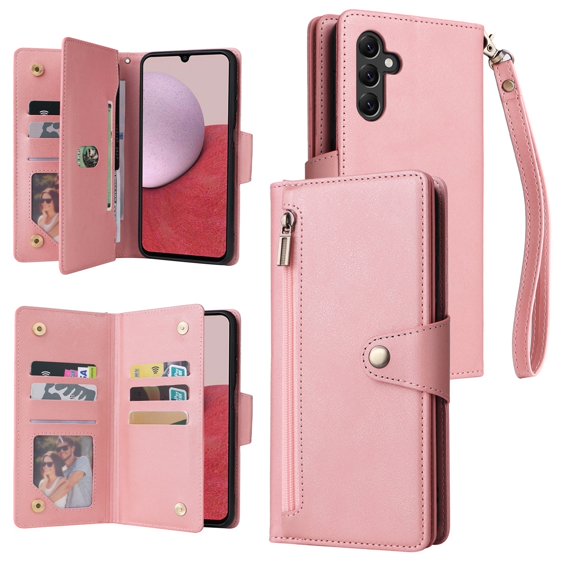 SaniMore for Samsung Galaxy A14 5G Case, PU Leather 2 in 1 Zipper Wallet Removeable Wrist Strap Card Slots Cash Pocket Kickstand Shockproof Anti-fall Full Protective Shell For Samsung A14 5G, Rosegold