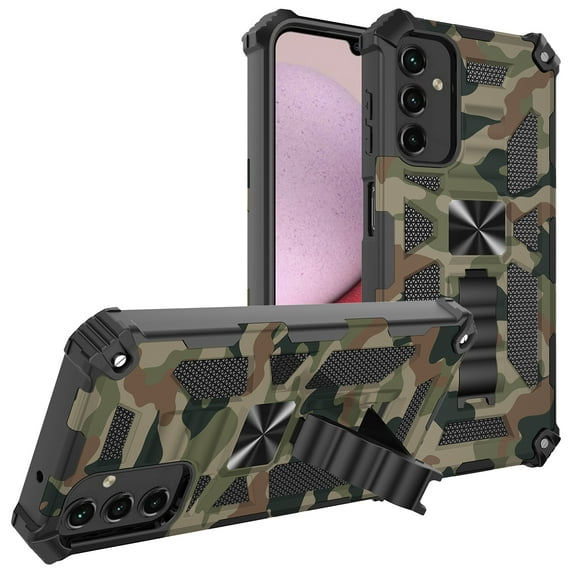 SaniMore for Samsung Galaxy A14 5G Case, Rugged PC & Soft TPU CD Magnetic Cover Built-in Car Mount & Multi-View Kickstand Camouflage Military Grade Shockproof Heavy Duty Protective Shell, RArmygreen