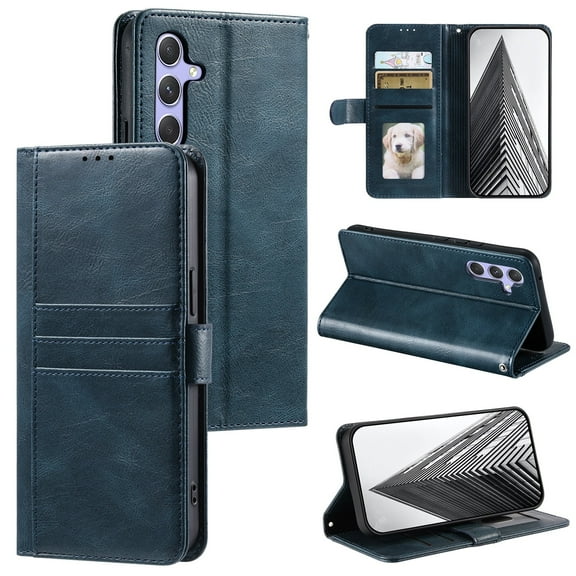 SaniMore for Samsung Galaxy A14 5G PU Leather Case, Wallet Design with Card Slots Cash Pocket [Wrist Strap] Flip kickstand Full Body Protection Magnetic Closure Business TPU Shell, Darkblue