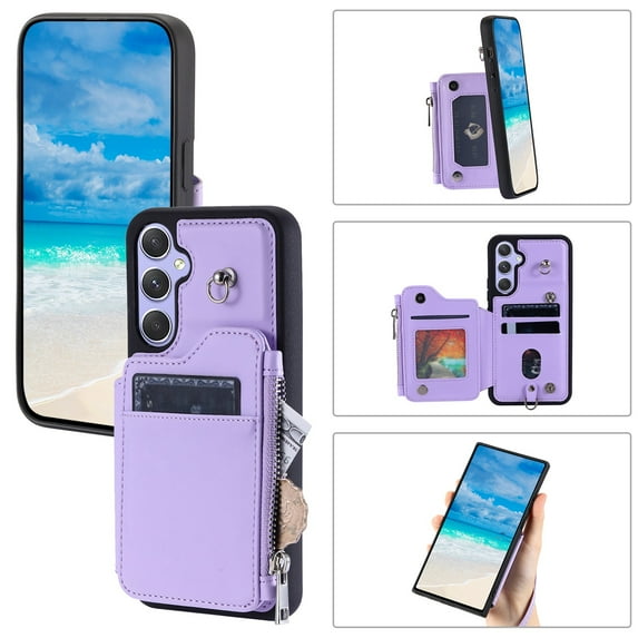 SaniMore for Samsung Galaxy A14 5G PU Leather Case, Zipper Purse RFID Blocking 4 Card Slots Removeable Wrist Strap Protective Handbag Flip Cover Stylish Shockproof for Girls Women, Purple