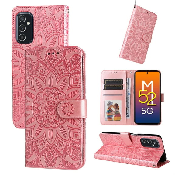 SaniMore for Samsung Galaxy A14 5G Wallet Case, Shockproof PU Leather Stand Cover with Card Slot Flip Kickstand Embossed Flower Magnetic Clasp Wrist Strap for Samsung A14 5G, Rosegold