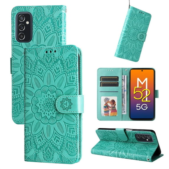SaniMore for Samsung Galaxy A14 5G Wallet Case, Shockproof PU Leather Stand Cover with Card Slot Flip Kickstand Embossed Flower Magnetic Clasp Wrist Strap for Samsung A14 5G, Green