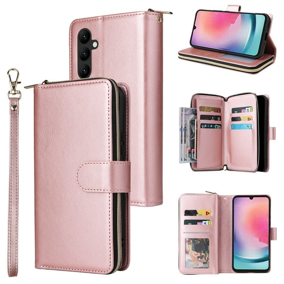 SaniMore for Samsung Galaxy A15 5G 3 in 1 Case, Zipper Purse Cover + Card Slots + Kickstand + Detachable Lanyard Comprehensive Protective Shockproof Anti-drop Shell For Samsung A15 5G, Rosegold