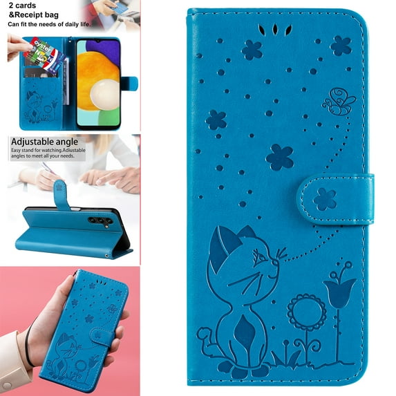 SaniMore for Samsung Galaxy A15 6.5" 2023 Case, PU Leather Skin with Embossed Cat Flip Magnetic Cover Card Slots Kickstand Detachable Lanyard Full Around Wallet Case for Galaxy A15, Blue