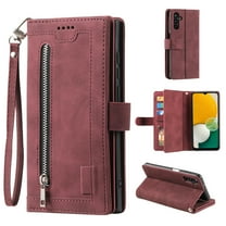 SaniMore for Samsung Galaxy A15 6.5" 2023 Case, Prumium Leather Zipper Wallet Card Slots Cash Pocket Flip Kickstand Lanyard Anti-drop Shcokproof Full Body Wrap Business Cover, Winered