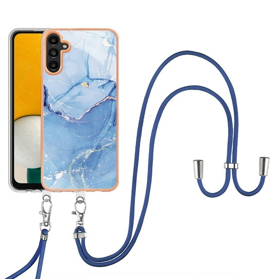 SaniMore for Samsung Galaxy A15 Case, Marble Pattern 3 in 1 Heavy Duty Shockproof Full Body Hard PC IMD Bumper Crossbody Lanyard Women Girls Shockproof Cover for Samsung Galaxy A15, Blue