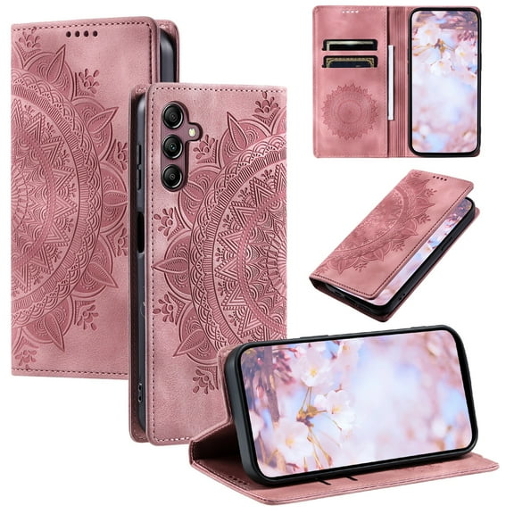 SaniMore for Samsung Galaxy A15 Case, PU Leather Embosed Mandala Flower Wallet Protective Phone Cover Card Slots Pocket Purse Women Men Kickstand Vintage Shockproof Anti-fall Shell, Pink