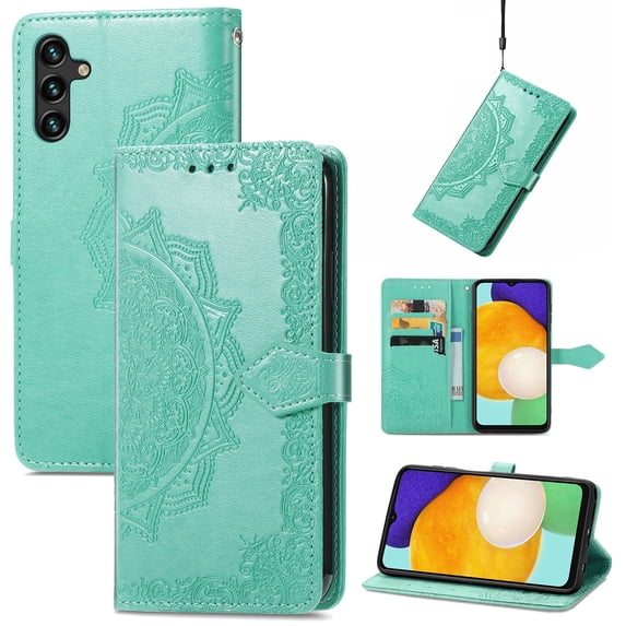 SaniMore for Samsung Galaxy A15 Wallet Case with Embossed Mandala PU Leather Flip Protection Wrist Strap Credit Card Holder Pocket Kickstand Shockproof Case for Galaxy A15, Green