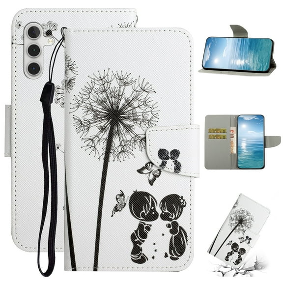 SaniMore for Samsung Galaxy A15 Wallet Case, Painted PU Leather for Women Men Wrist Strap Magnetic Clasp Card Slots All-around Protective Shockproof Anti-fall Stylish Stand Shell, Dandelion