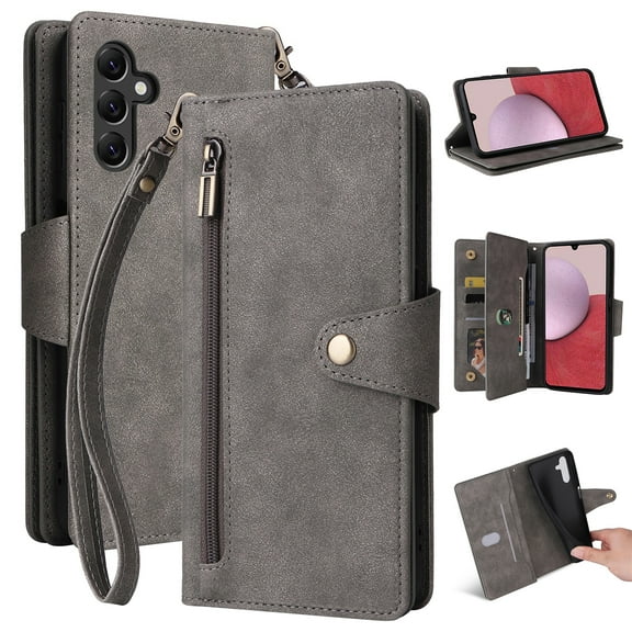 SaniMore for Samsung Galaxy A24 4G Case, PU Leather 2 in 1 Zipper Wallet Removeable Wrist Strap Card Slots Cash Pocket Kickstand Shockproof Anti-fall Full Protective Shell For Samsung A24 4G, Gray