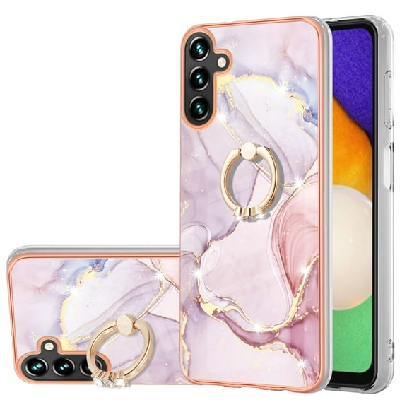 SaniMore for Samsung Galaxy A24 6.5" 2023 Case with 360 Degree Rotating Metal Ring Shockproof TPU Backplane Marble Pattern Luxury Fashion Anti-drop Cover For Galaxy A24, Rosegold