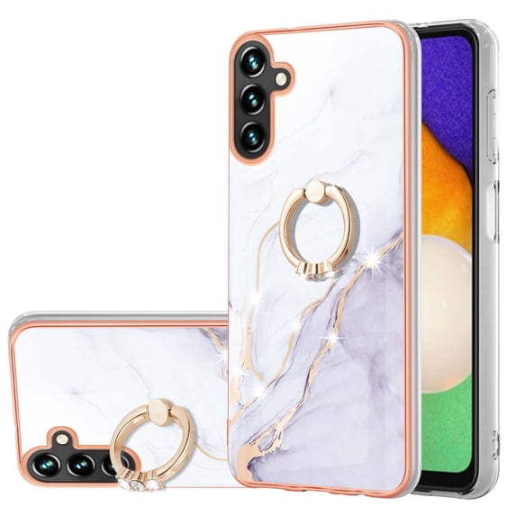 SaniMore for Samsung Galaxy A24 6.5" 2023 Case with 360 Degree Rotating Metal Ring Shockproof TPU Backplane Marble Pattern Luxury Fashion Anti-drop Cover For Galaxy A24, White