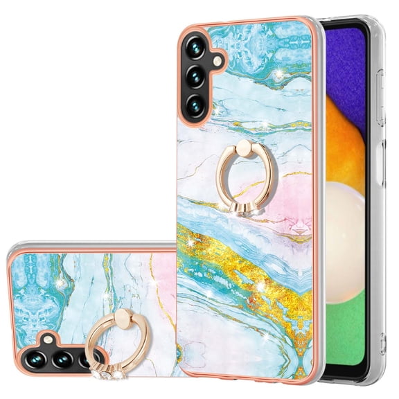 SaniMore for Samsung Galaxy A24 6.5" 2023 Case with 360 Degree Rotating Metal Ring Shockproof TPU Backplane Marble Pattern Luxury Fashion Anti-drop Cover For Galaxy A24, Green/Pink