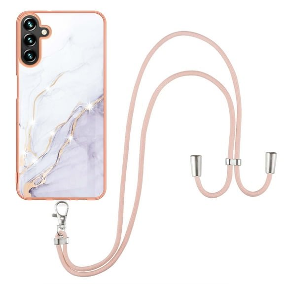 SaniMore for Samsung Galaxy A24 Case with Detachable Crossbody Lanyard Shockproof TPU Backplane Marble Pattern Luxury Fashion Anti-drop Slim Lightweight Cover, White