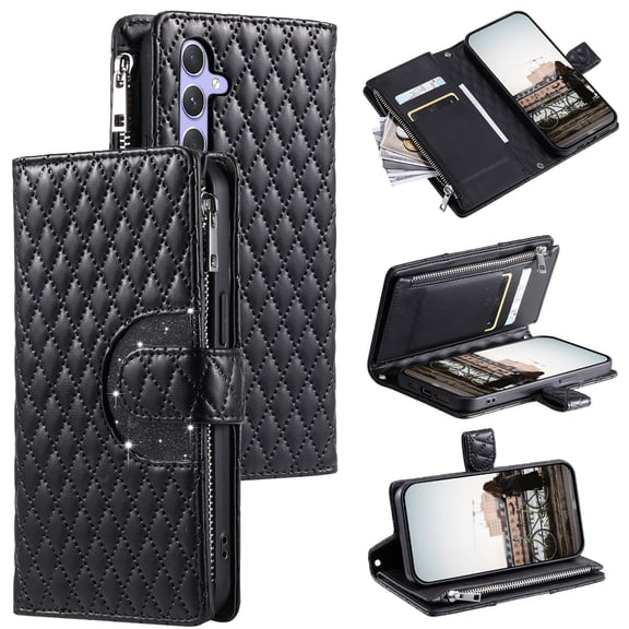 SaniMore for Samsung Galaxy A24 PU Leather Case, 3D Lattice Pattern for Girls Card Slots Zipper Purse Glitter Magnetic Clasp Flip Kicstand [Hand Rope] Full Protection Shockproof, Black