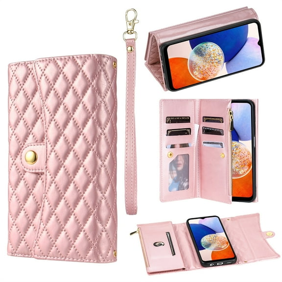 SaniMore for Samsung Galaxy A24 Wallet Case, PU Leather Wrist Shoulder Strap Flip Stand Card Slots RFID Blocking Zipper Purse Shockproof Anti-fall TPU Inner Shell Flip Folio Protective Cover, Rosegold