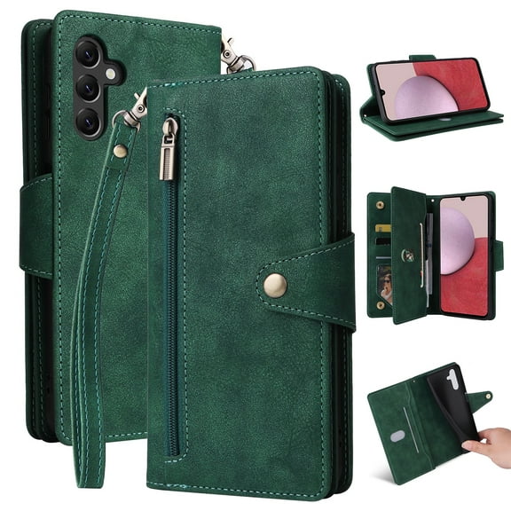 SaniMore for Samsung Galaxy A25 5G Case, PU Leather 2 in 1 Zipper Wallet Removeable Wrist Strap Card Slots Cash Pocket Kickstand Shockproof Anti-fall Full Protective Shell For Samsung A25 5G, Green